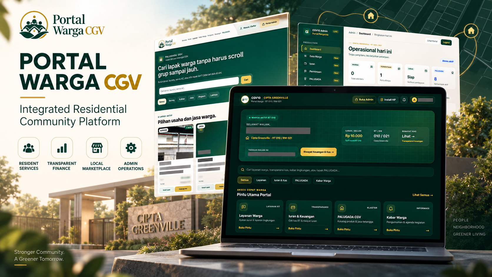 Portal Warga CGV integrated residential community platform with resident services, local marketplace, financial transparency, and admin operations