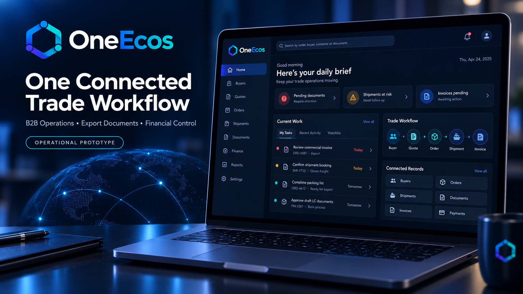 OneEcos connected B2B trade workflow and export operations dashboard